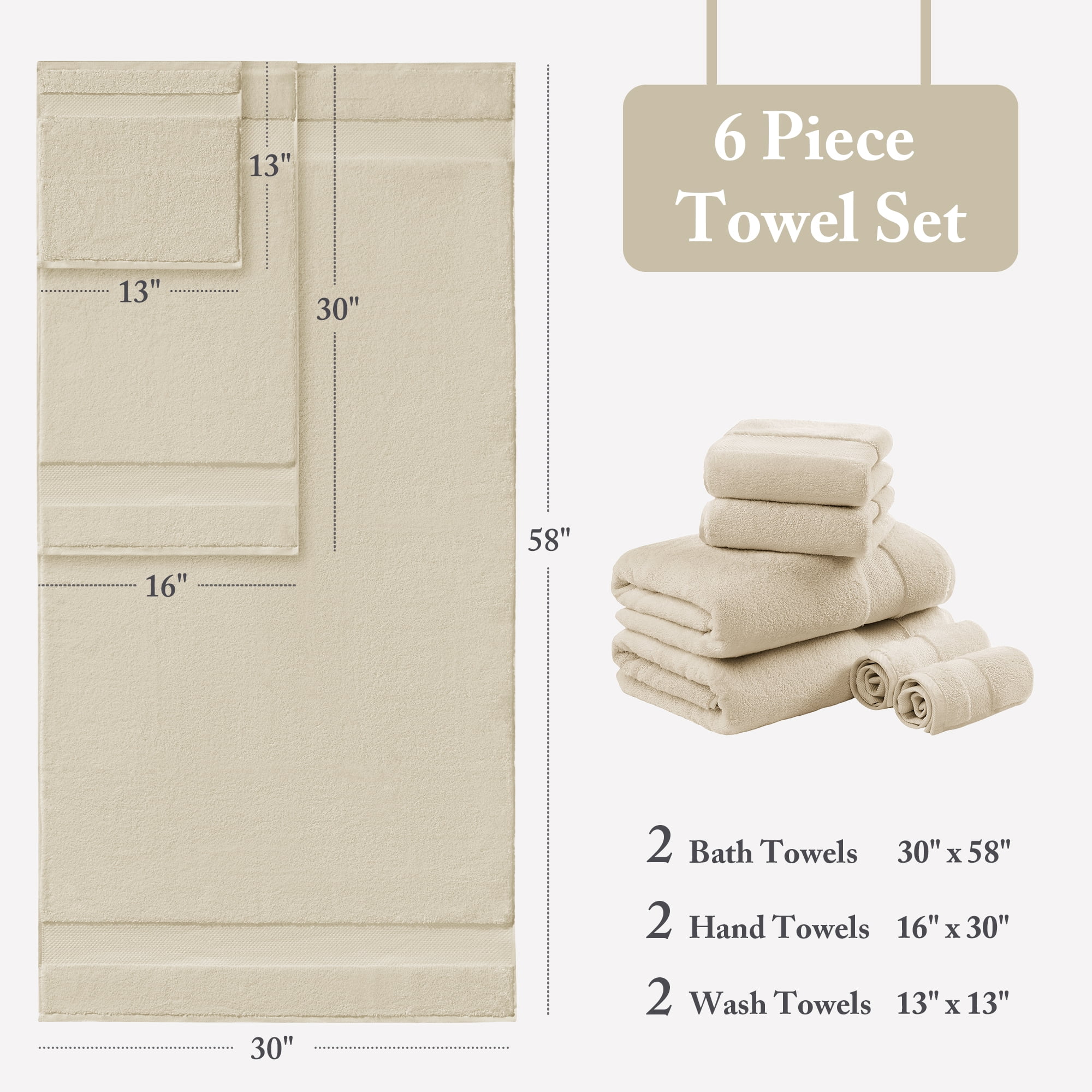 6-Piece Cotton Bath Towel Set,Sand