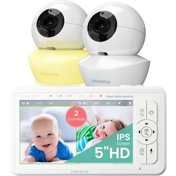 Babysense HD Video Baby Monitor Split Screen, 5" HD Display with 2 Cameras, Night Light, Non-Wi Fi, Pan Tilt Zoom, HDS2