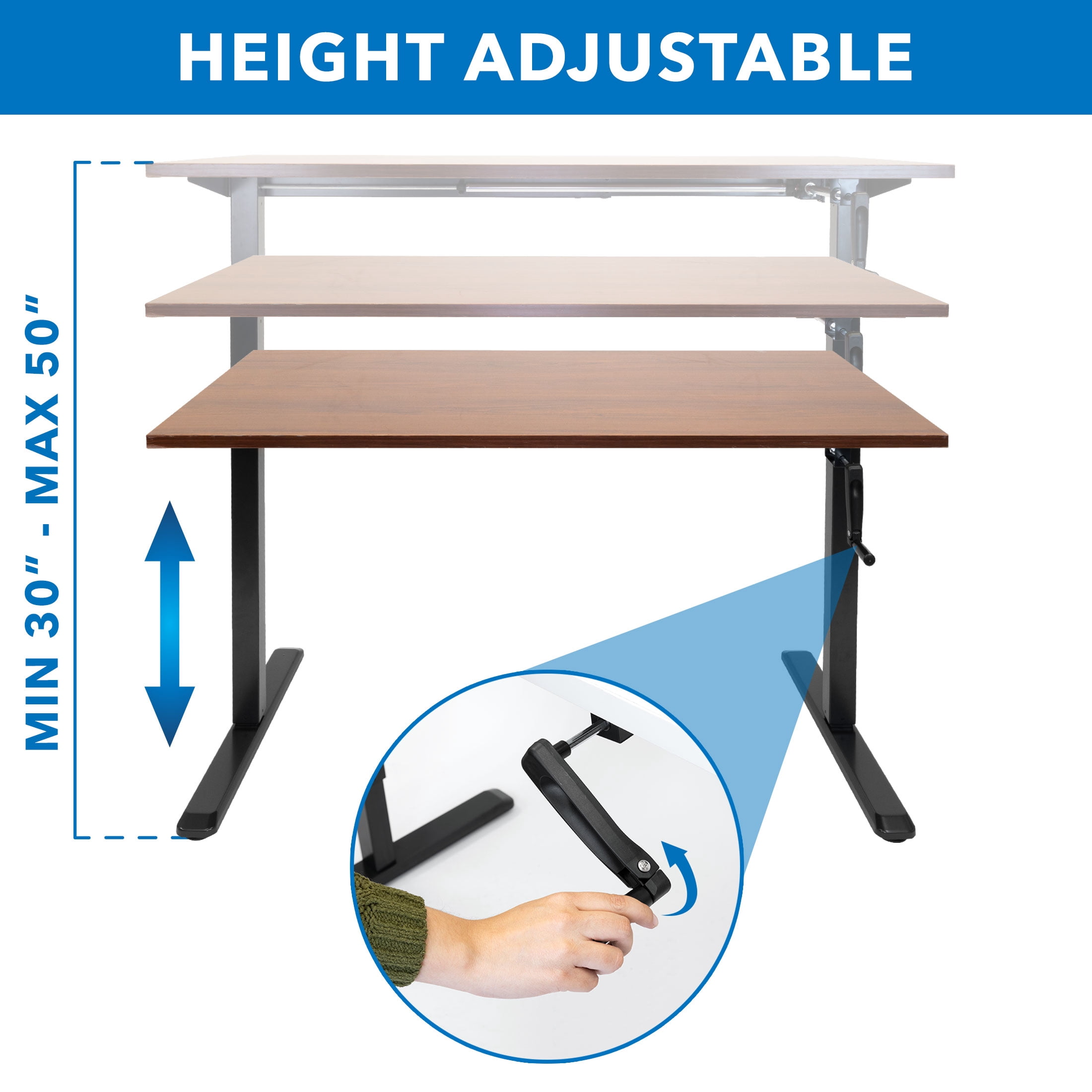Mount-It! Hand Crank Sit-Stand Black Desk Frame with Extra-Wide Brown Tabletop