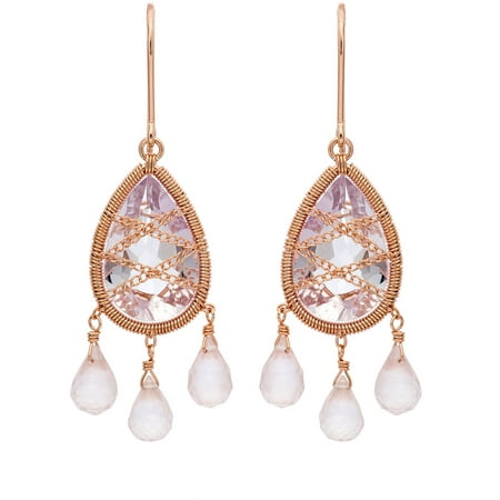5th & Main Rose Gold over Sterling Silver Hand-Wrapped Teardrop Chandelier Amethyst and Rose Quartz Stone Earrings