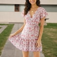 thumbnail image 2 of DHFJKG Summer Dresses For Women Beach Vacation Boho Dress Casual Floral Wrap V Neck Short Sleeve Flowy A-Line Mini Dress Bohemian Stylish Dresses, 2 of 4