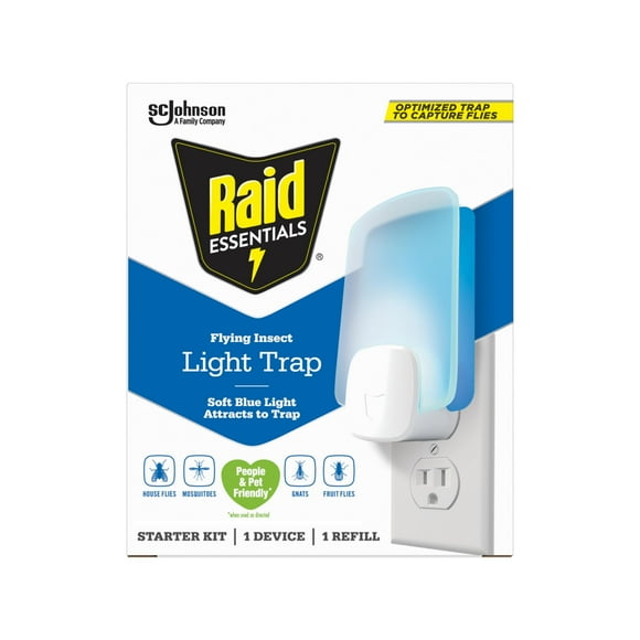 Raid Essentials Flying Insect Light Trap Starter Kit, 1 Plug-In Device + 1 Cartridge, Featuring Light Powered Attraction