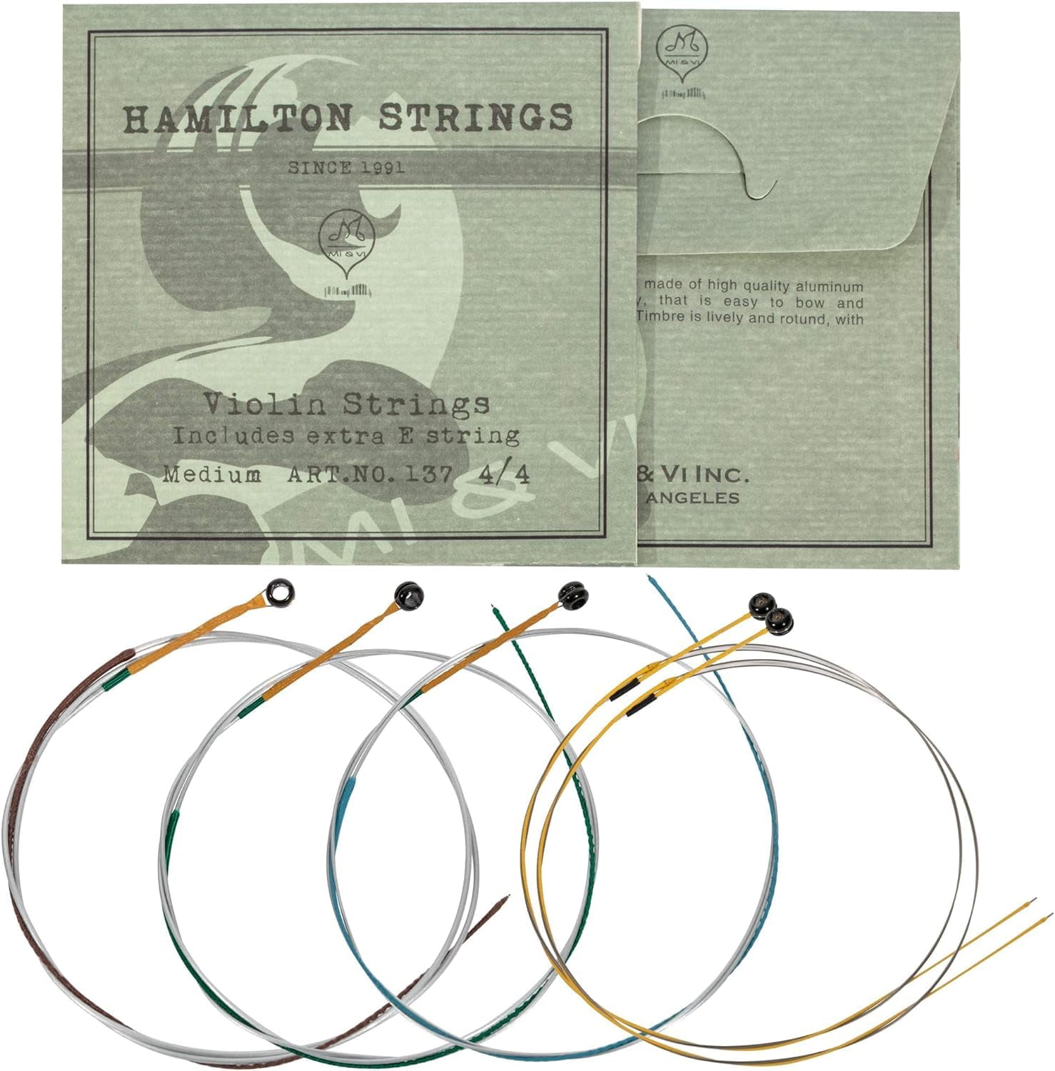 MI&VI Hamilton Violin Strings (2 Case Packs) — 1/2 & 2/4 Scale Full Set (G-D-A-E) with Extra E-String | Germany Steel | Ball-End | Medium Gauge Tension - By MIVI Music