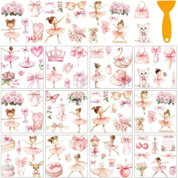 12 Sheets Rub On Transfer Stickers with Scraper Pink Ballet Goose Stickers with Dreamy Ballerina for Bookstore Study Room Nursery School Window Decoration 5.5x5.5