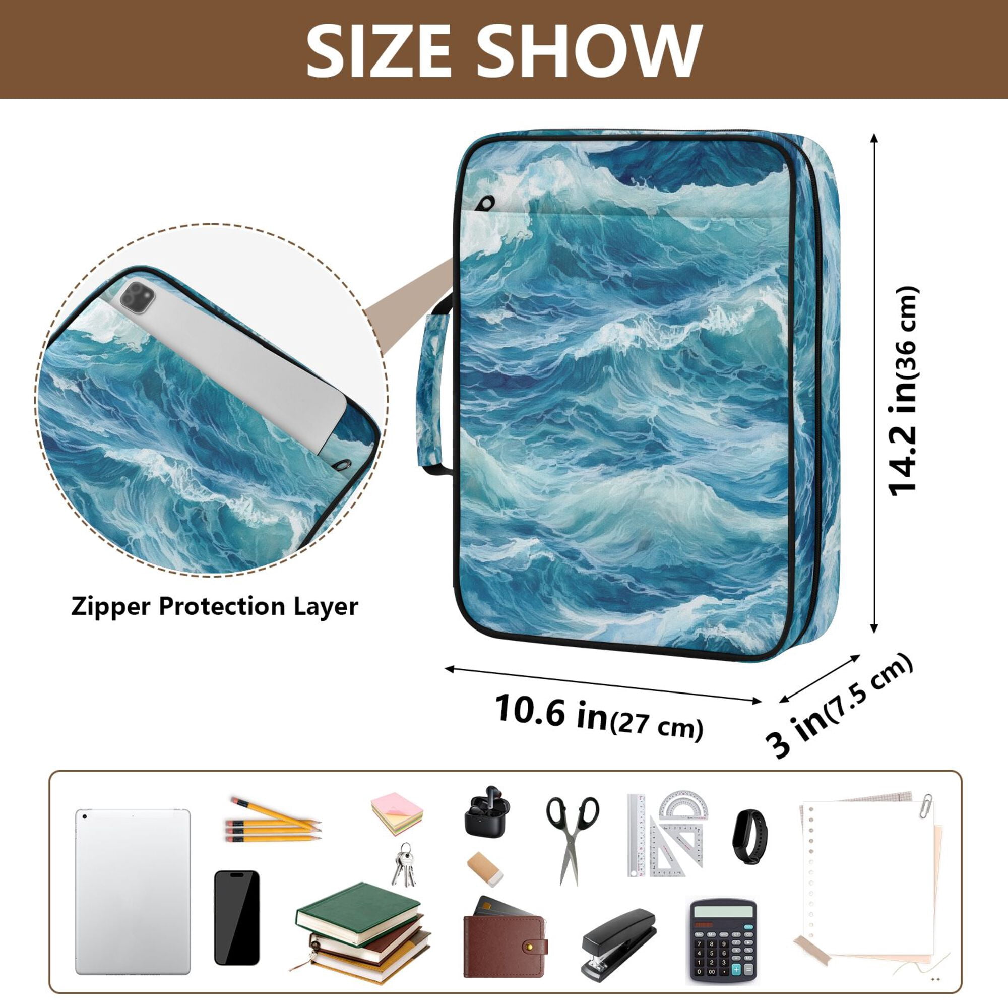 FORMRS Accordion File Folder A4 Size 7-Pocket Expanding Document Organizer Bag with 3 Ring Binder, Green Watercolor Ocean Waves