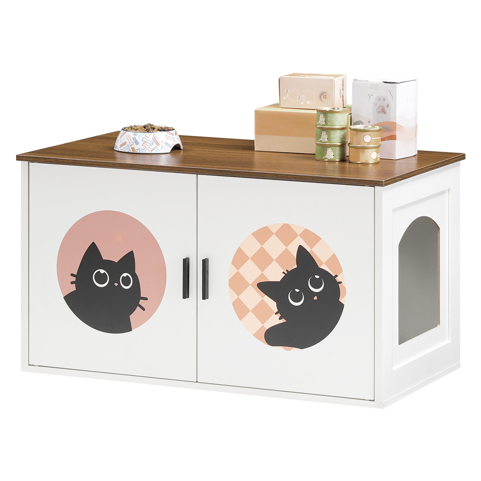 HOOBRO Cat Litter Box Enclosure, Hidden Litter Box Enclosure Furniture with Cute Cat Patterns and Arched Entrance, Litter Box Cabinet, Side Table, for Living Room, White and Walnut WH08MW01