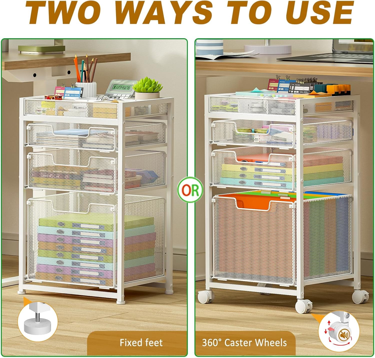 Rolling File Cart with 3 Storage Drawers, Under Desk Filing Cabinet with DIY Divider, Hanging File Folder Organizer on Wheels, Fits A4/Letter Size, Metal Utility Cart for Home Office