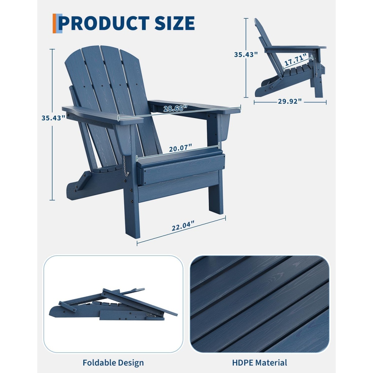 1PC Folding Adirondack Chair, HDPE Outdoor All-Weather Fire Pit Chairs, Outdoor Wooden Lounge Chair, Modern Lounger Adirondack Chairs Ergonomic Extended Backrest for Deck, Patio, Pool, Backyard
