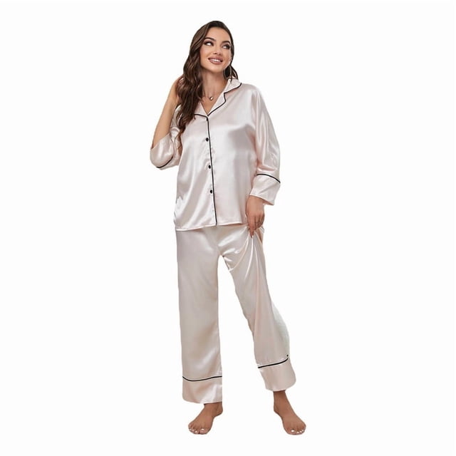 Conjunto de pijama de seda simulada para mujer, otoño e invierno, manga larga