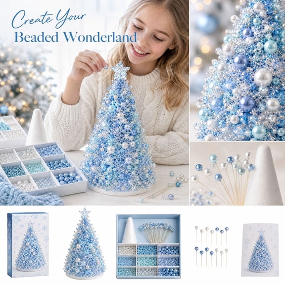 Dreamy Beaded Christmas Tree DIY Kit, Colorful Pearl Beaded Tree, Mini Tabletop Xmas Decor for Holiday Home Ornament