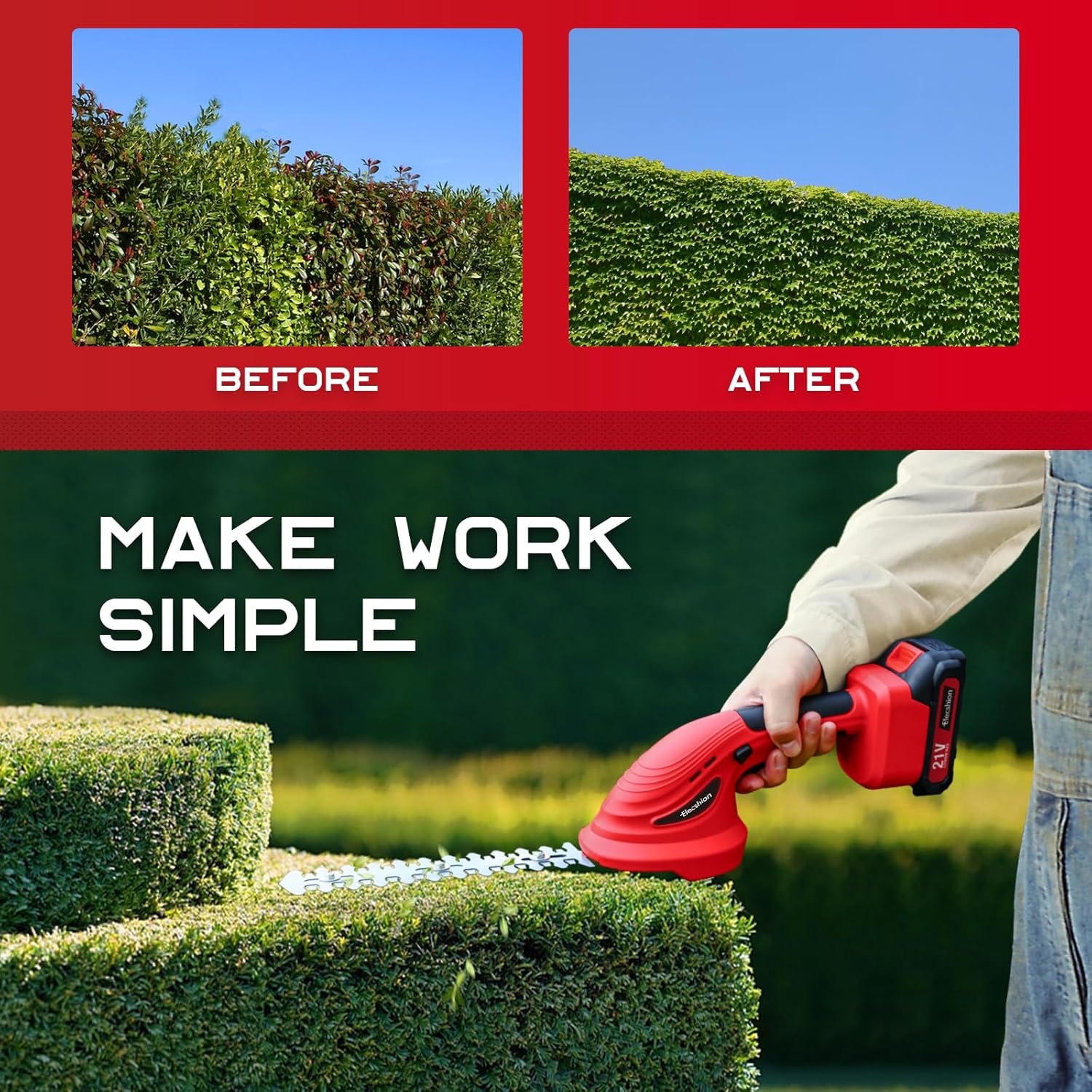 21V Cordless Hedge Trimmer with Battery - 2-in-1 Electric Grass Shear & Shrub Cutter for Garden Lawn