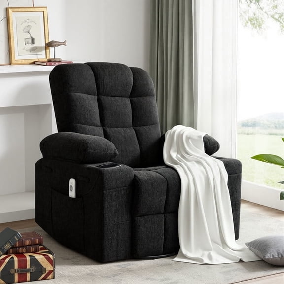 GAOHAPY 360° Swivel Rocker Recliner Chair with Massage Heating, 3 Adjustable Recline Manual Fabric Chair, 30° Gentle Rocking, Cup Holders & Side Storage, Single Sofa for Small Spaces, Black