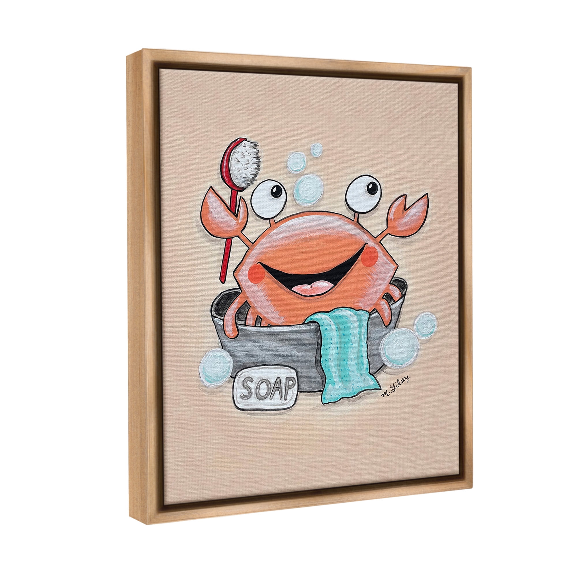 Stupell Industries Happy Crab Bathing Animals & Insects Painting Brown Floater Framed Canvas Art Print Wall Art, 17 x 21