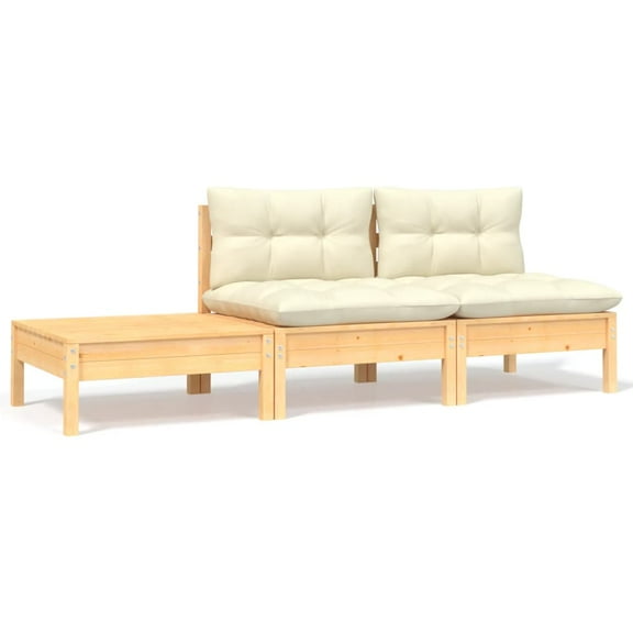 vidaXL 3 Piece Patio Lounge Set with Cream Cushions Solid Pinewood