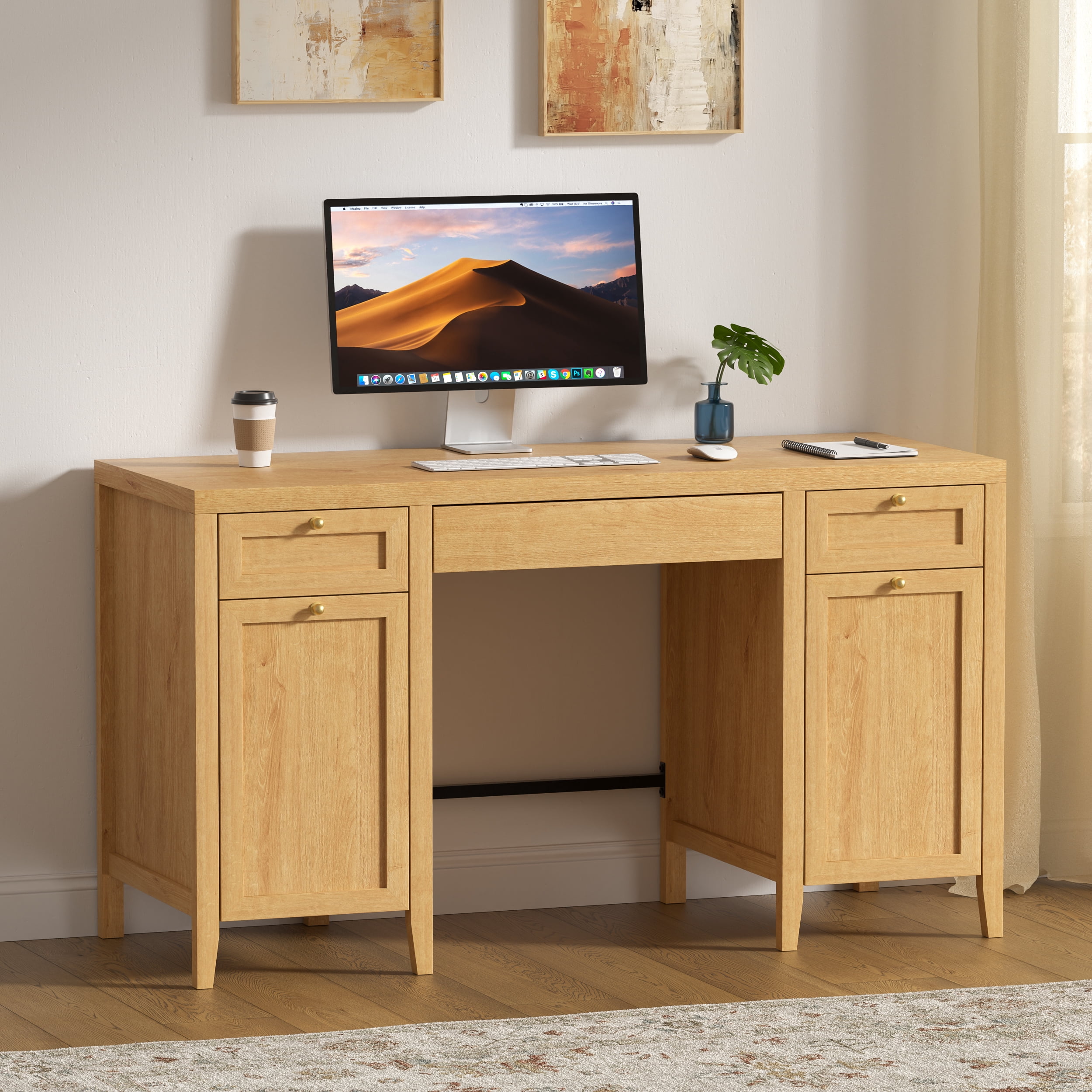 Joyyskill 52" Executive Desk with Storage Drawer, Farmhouse Home Office Desk with Storage Cabinet Wood Computer Writing Desk, Natural Oak