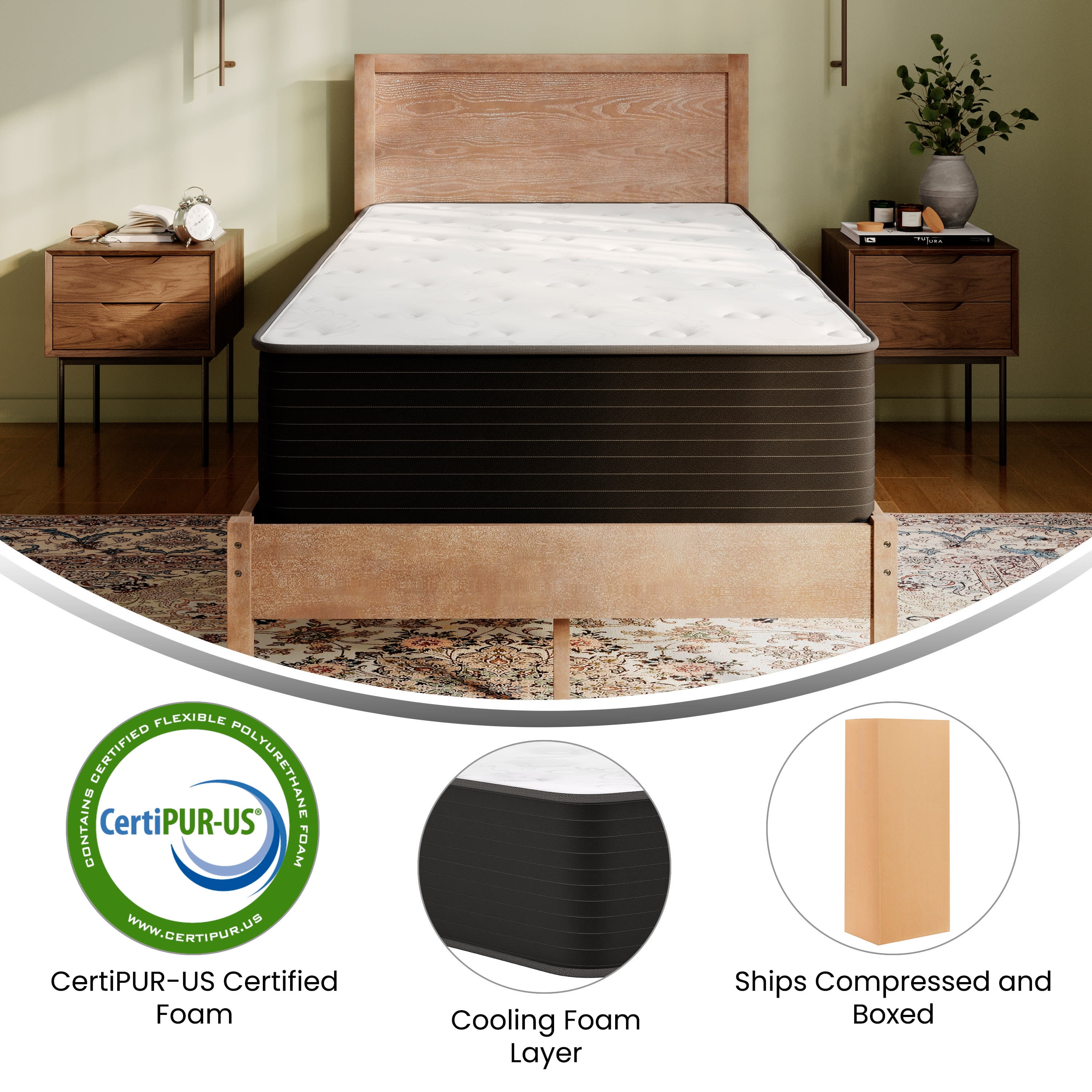 Flash Furniture Cooling Gel 12 Inch CertiPUR-US Certified Foam and Pocket Spring Hybrid Mattress, Twin Mattress in a Box