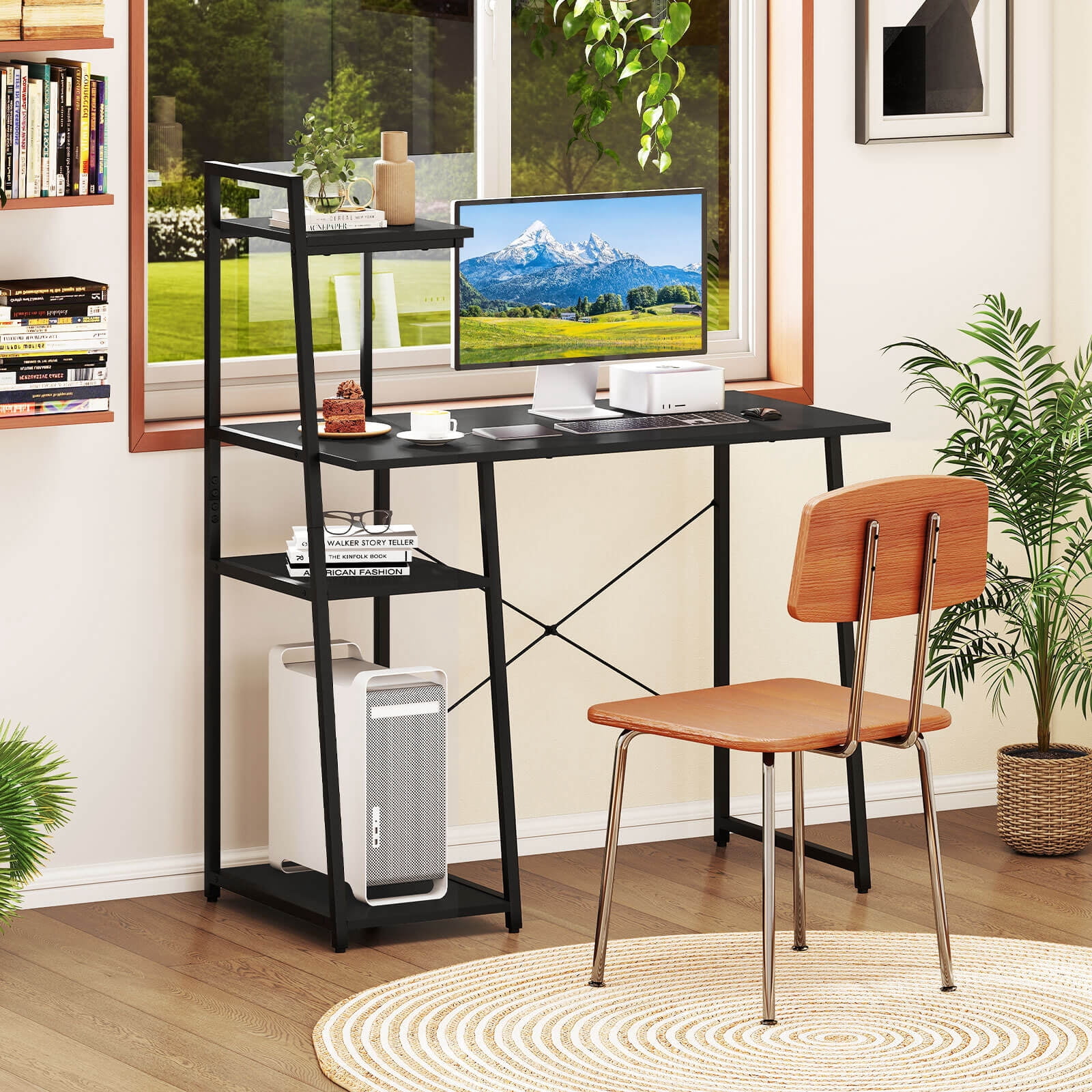 Costway Home Office Desk, PC Laptop Workstation with Bookshelf, Host Stand, Metal Frame Black