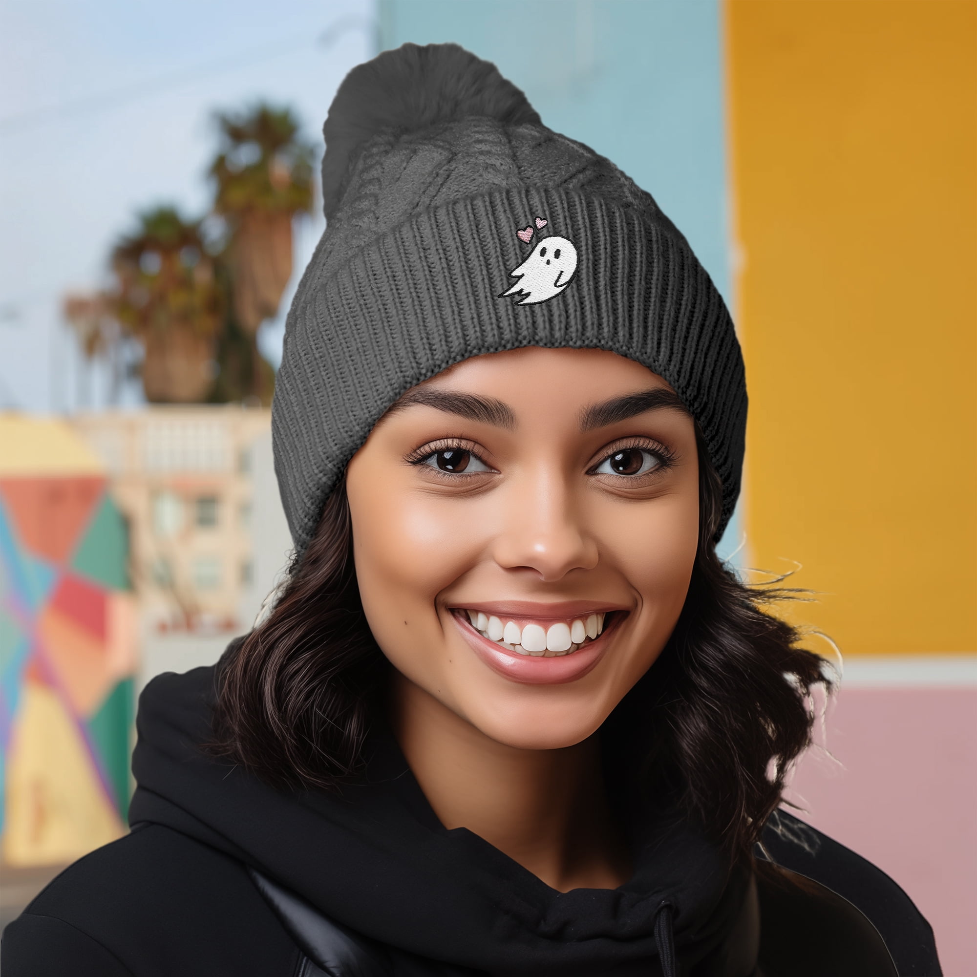 Dalix Heartly Ghost Cable Knit Pom Beanie Soft Stretch Skully Warm Fuzzy Faux Sherpa Winter Ski Beanie in Charcoal Gray