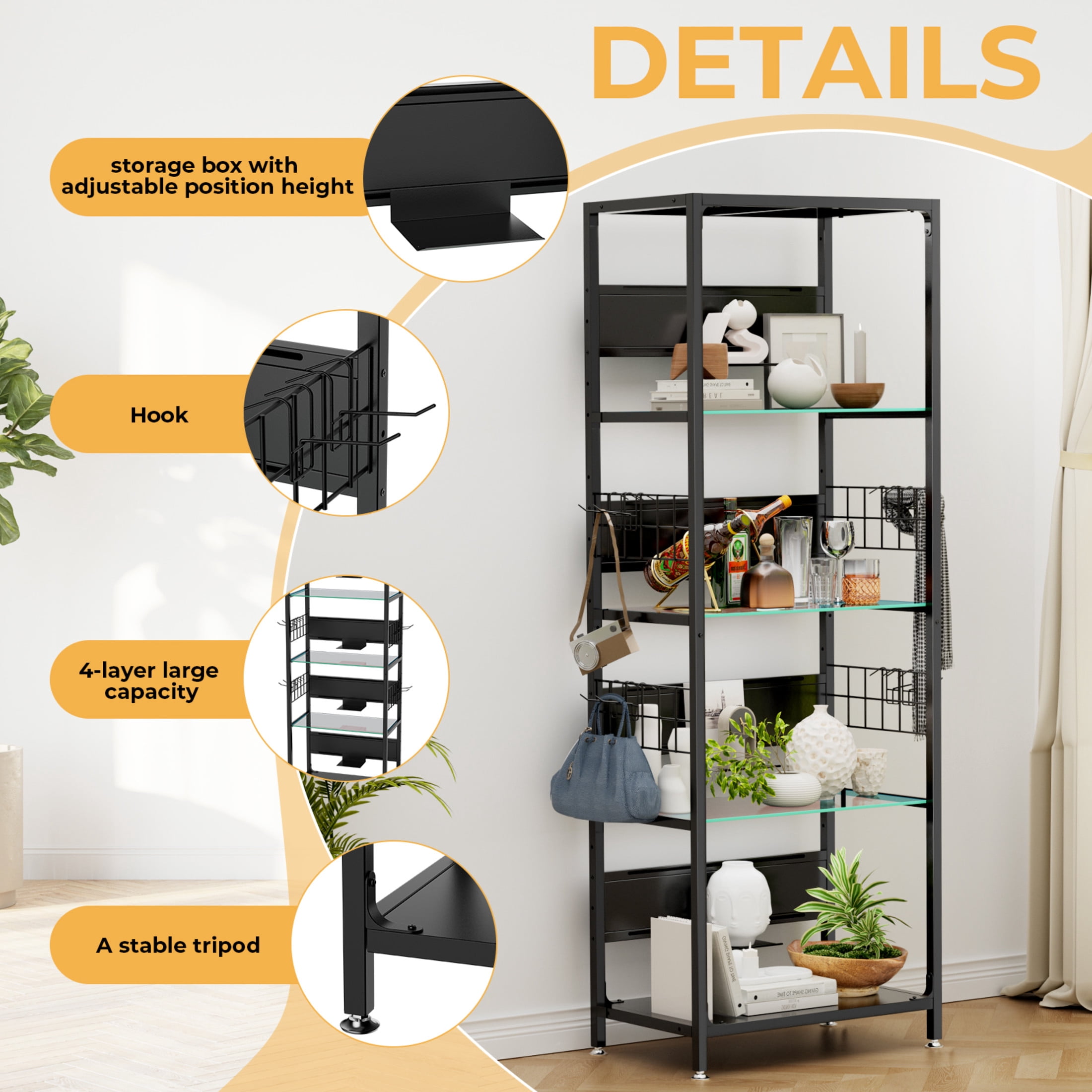 Noble House LED Lighted Curio Cabinet, 4-Tier Glass Display Stand, Adjustable Metal Frame Shelf for Living Room, Black