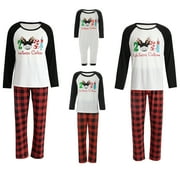 Family Holiday Pajamas, Christmas 2021 Special Year Cartoon Pattern Plaid Classic Round Neck