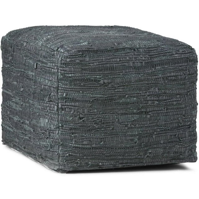 Pemberly Row Pouf Carré Bohème Moderne en Cuir Véritable Tressé Gris