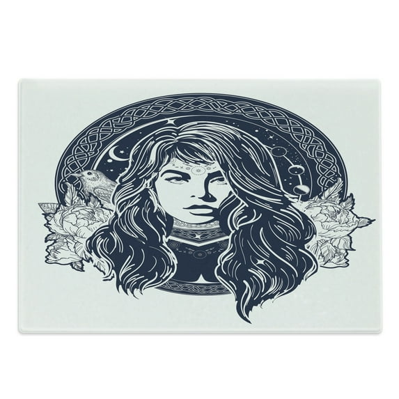 Ethnic Cutting Board, Woman Portrait with Occult Motifs Bird Blooming Rose Background, Decorative Tempered Glass Cutting and Serving Board, Large Size, White and Dark Blue, by Ambesonne