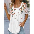 thumbnail image 1 of Camiseta estampada plisada con cuello cuadrado para mujer, camisetas de manga corta con empalme de encaje, Tops holgados informales para mujer 2023, 1 of 5