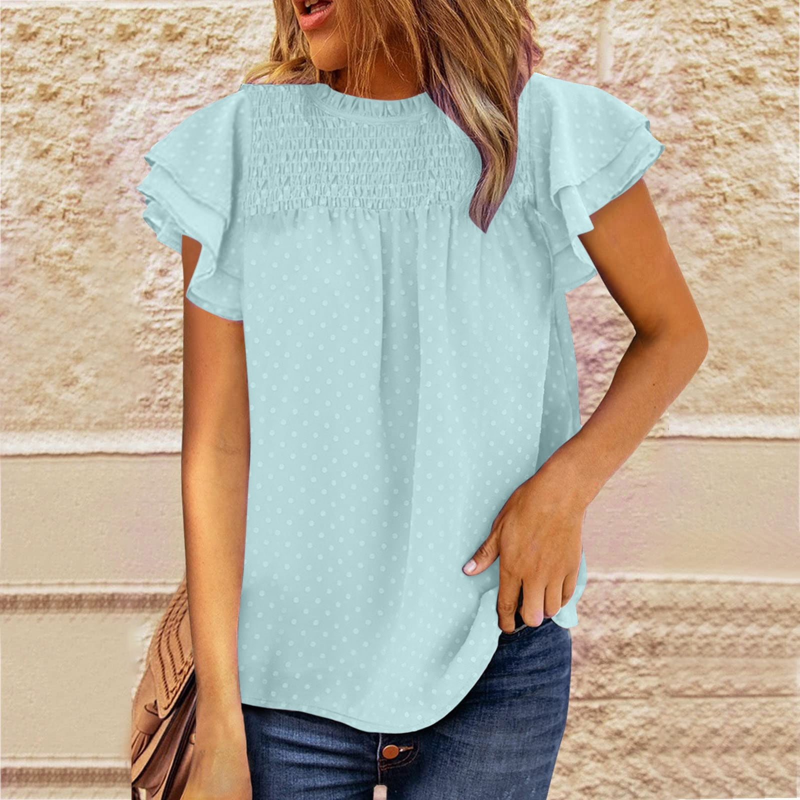 RQYYD Business Casual Tops for Women Notch V Neck Puff Short Sleeve Swiss  Dot Blouse with Smocked Cuff Summer Elegant Work T Shirts(Blue,L)