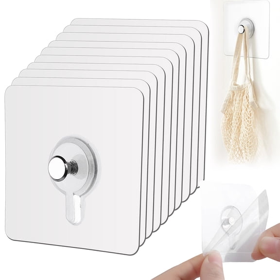 Dwellin 10 Pcs Picture Hanging Hooks Sticky Wall Hangers without Nails Transparent Waterproof Frame Hanger for Bathroom Kitchen