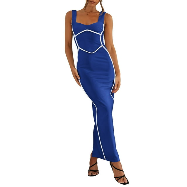 Faithtur Robe Longue Moulante pour Femmes, Patchwork, Sans Manches, Robe Camisole, Été, Dos Nu, Fente, Robe de Soirée