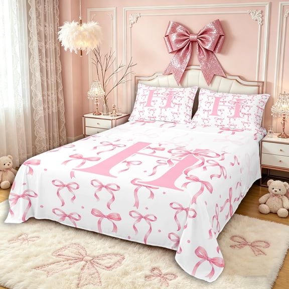 Manfei Girls Pink Letter Monogrammed H Bed Sheets 4pcs,Kids Teens Ribbon Bow Knot Polka Dots King Sheets,Breathable Home Decor
