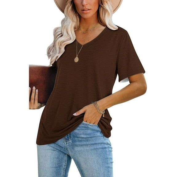 Loopsun Plus Size Womens Summer Tops, Women's Casual Blouses Solid Color T-Shirt Short Sleeved V-Neck Top Brown S