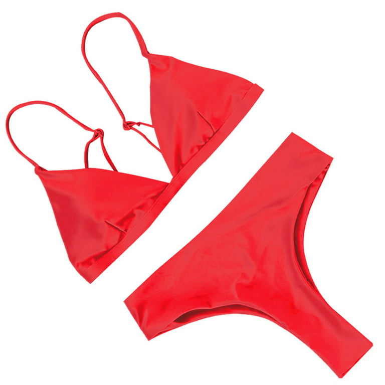 Wamans Swimsuits for Women Fashion Women Sexy Solid and Printed Swimwear  Bikini Split Swimsuit Set Red ,L ,Clearance Items 