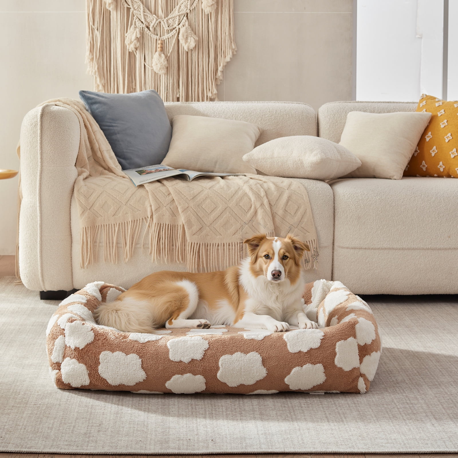Cute Dog Bed for Medium Dogs, Cozy Rectangle Orthopedic Sofa , Washable Pet Beds with Jacquard Shaggy Plush and Anti Slip Bottom, Brown, 25"x21"x7"