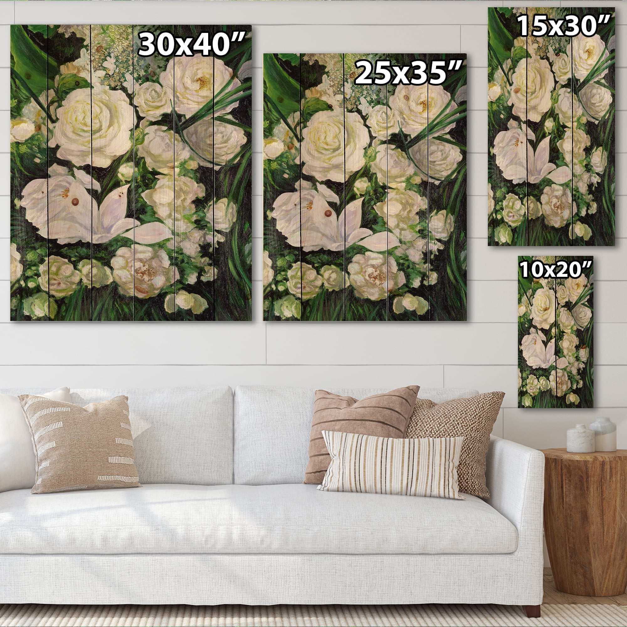 Designart 'Bouquet Of White Roses With Green Leaves' Traditional Print on Natural Pine Wood