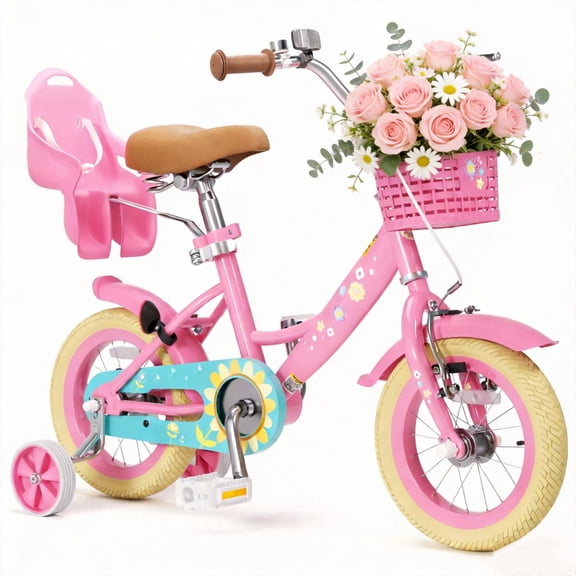 Korimefa Girls Bike for 3-9 Years Old Kids, 12 14 16 inch Kids Bike with Training Wheels, Basket and Doll Seat, Children Bicycles with Handbrake, Pink