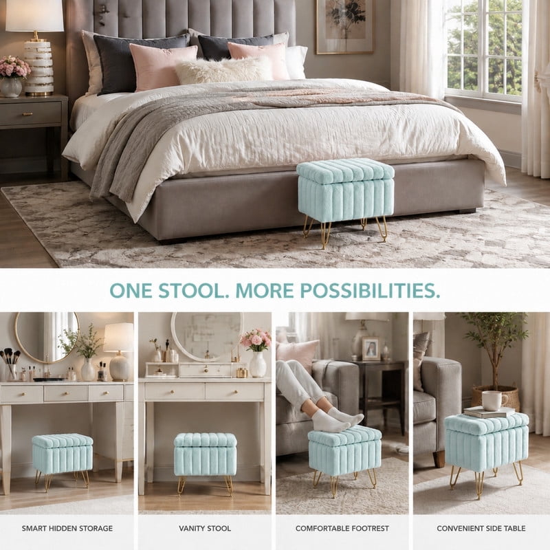 BEAUTYPEAK Vanity Stool with Storage Faux Fur Padded Makeup Ottoman with Gold Metal Legs and Adjustable Feet 18.9" Footstool, Mint
