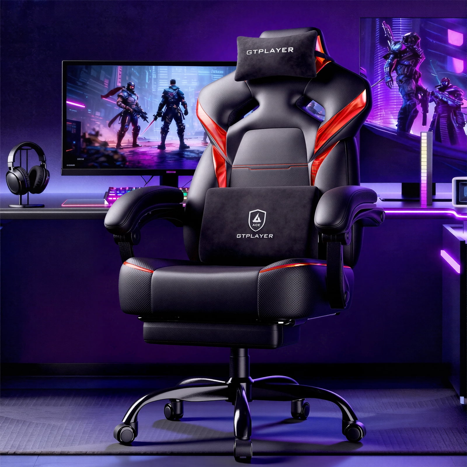 GTPLAYER Gaming Chair Office Chair PU Leather with Adjustable Headrest and Lumbar Pillow, White