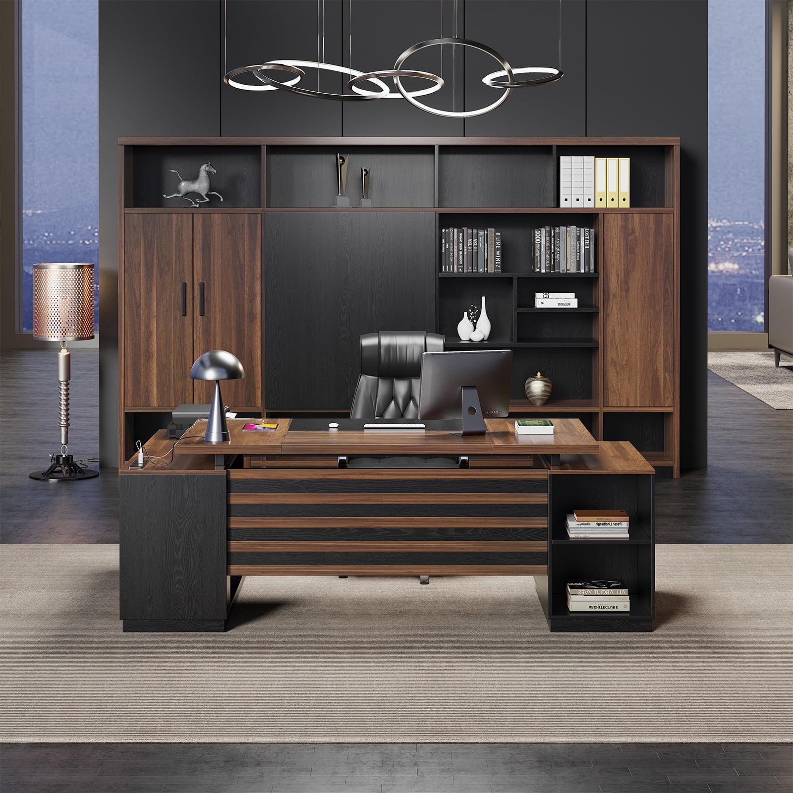 L-Shaped Executive Desk with Drawers, 78-Inch Large Office Desk with Power Outlet and Lateral File Cabinet, Modern Computer Table with Open Shelf and Storage Cabinet for Home, Brown Black