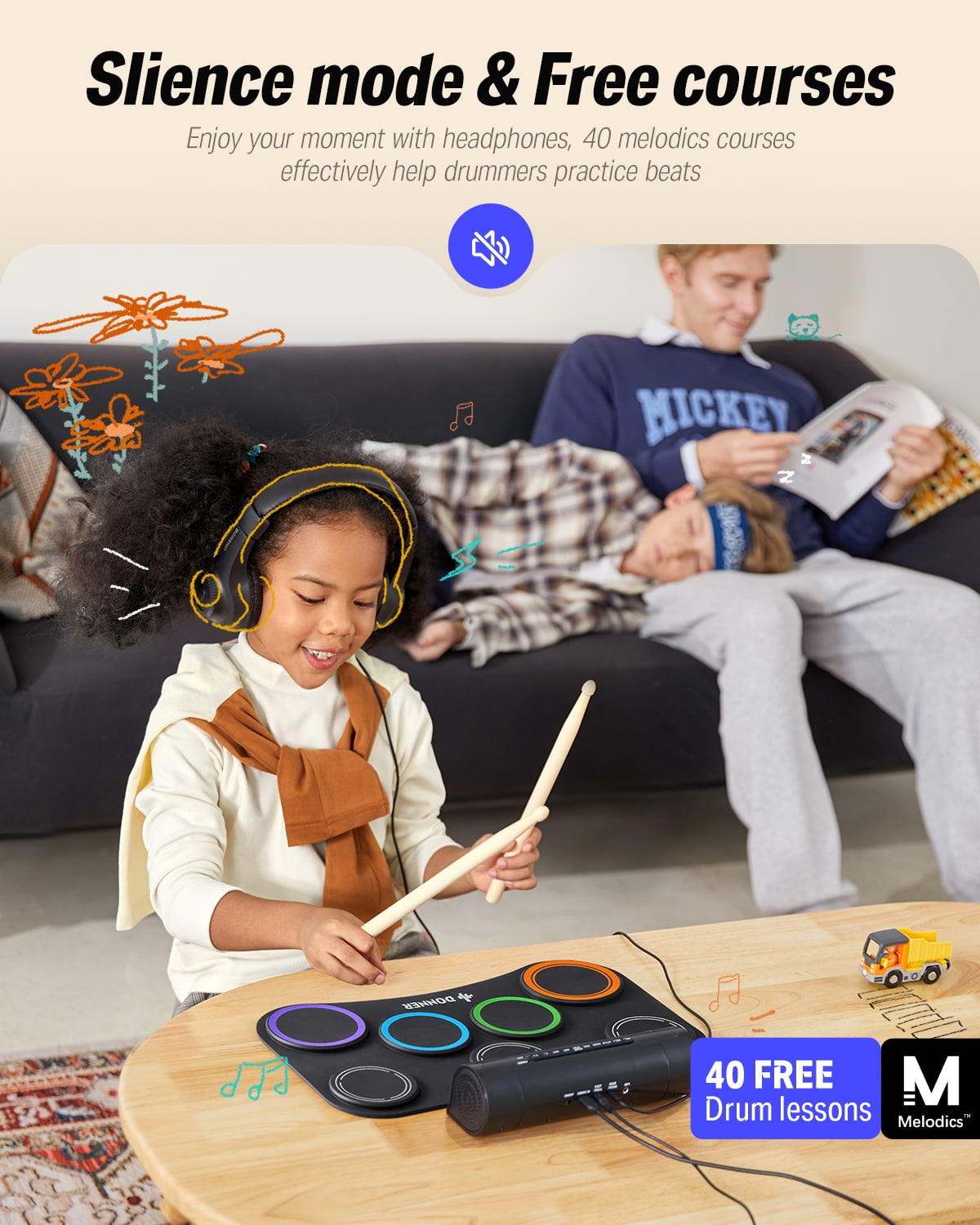 Donner Electronic Drum Set for Kids,7 Pads Roll-up Silent Electric Drum Pad, Gift Toys for Beginners