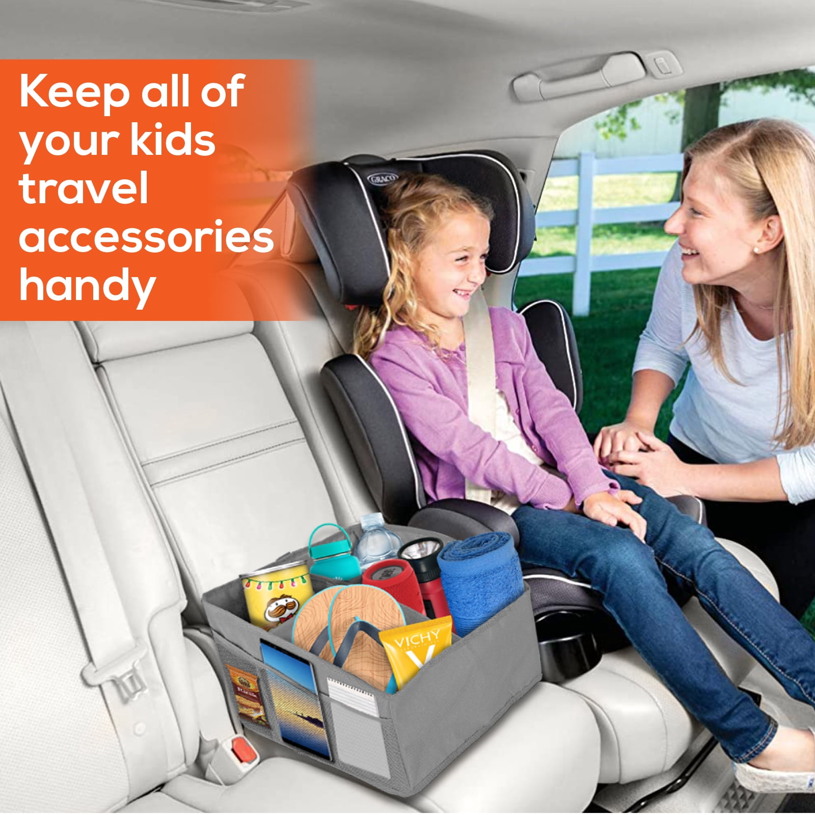 Trobo Front Seat Organizer, Multifunctional Foldable Back Seat Organizers And Storage For Kids, Car Backseat Console Caddy With 4 Inside Compartments And 6 Outside Pockets, Travel Accessories, Grey