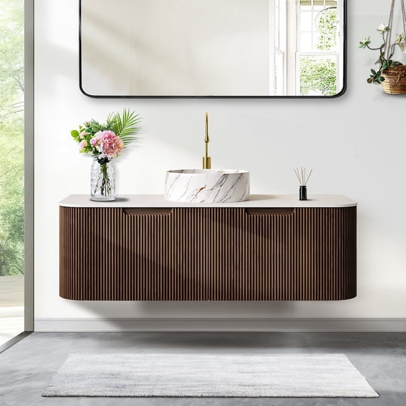 48" Curved Edges Striped Bathroom Vanity with Sink, Floating Plywood Cabinet with 2 Large Drawer, Ceramic Vessel Basin & Artificial Marble Top - Dark Walnut Wood Grain Color Pre-assembled Vanity