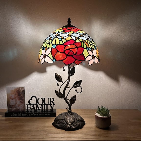 Tiffany Table Lamp Red Orange Blue Stained Glass Rose Flowers Iron Metal Leaves Bronze Base Included LED Bulb for Living Room Dining Room Bedroom Bedside 12"W*12"D*22"H