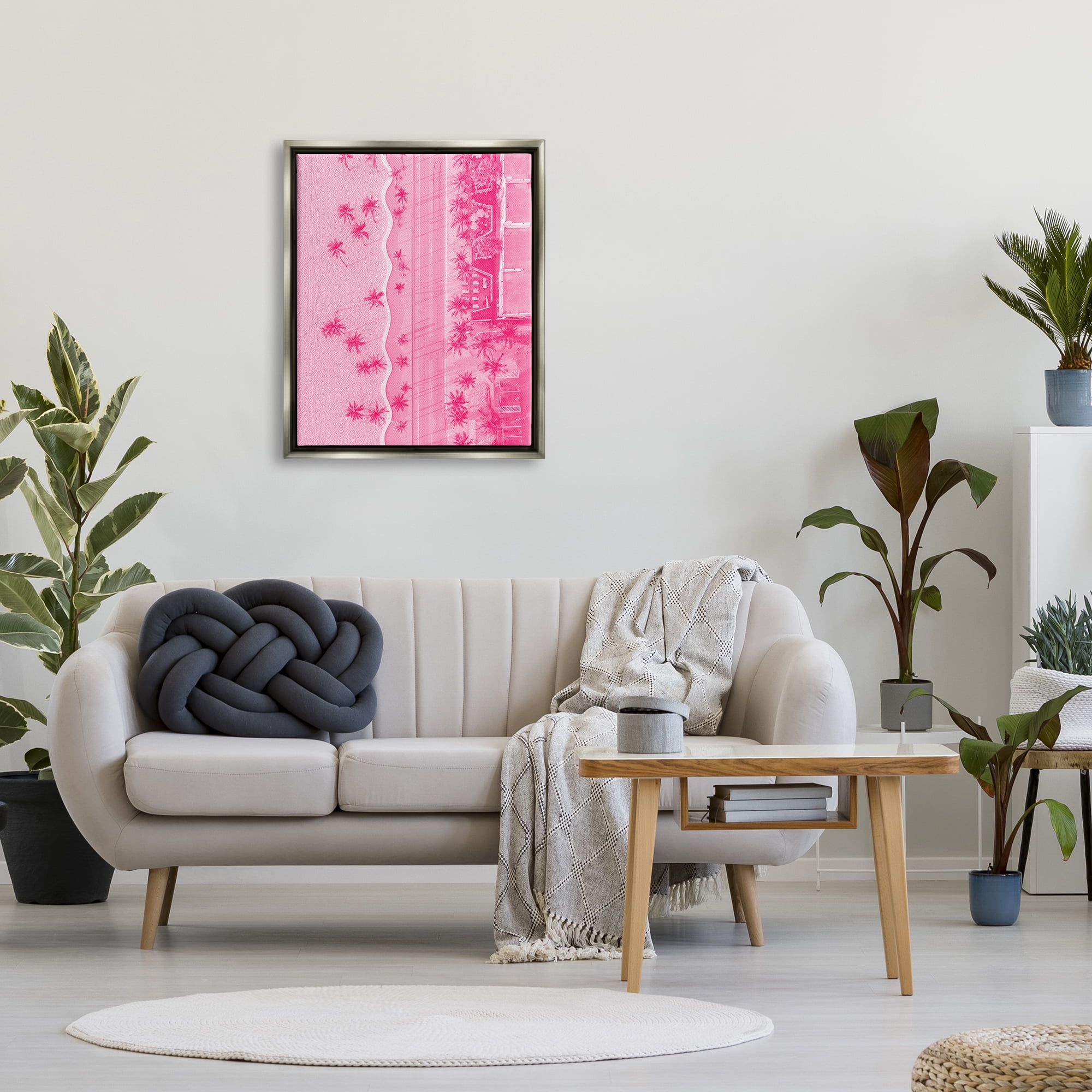 Stupell Industries Pink Aerial Tropical Landscape Landscape Painting Gray Floater Framed Canvas Art Print Wall Art, 25 x 31