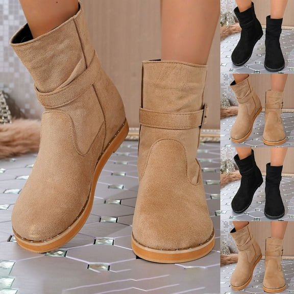 Lovzfmll Wide Calf Boots for Women, Stacked Mid Calf Slouchy Pointed Toe Low Heel, Flat Heel Round Toe Booties Casual Khaki Boots