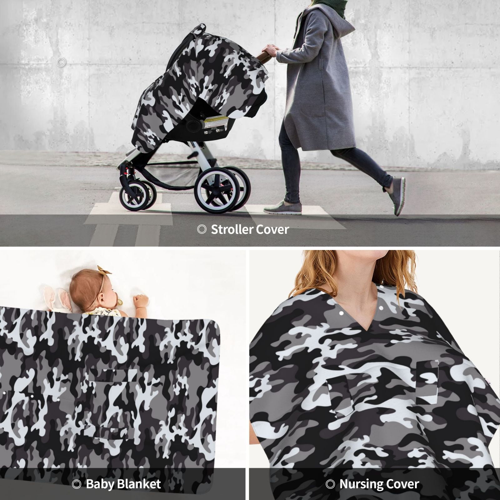 Car Seat Cover Baby - Black Grey White Camouflage Breathable Infant Car Seat Cover for Baby Carseat, Lightweight Comfort Baby Essentials Must Haves Newborn Stuff for Girl Boy