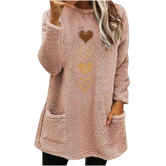 WRKEKC Sweaters for Women Trendy Fall Winter Fleece Crew Neck Heart Print Pocket Long Sleeve Thickened Warm Top