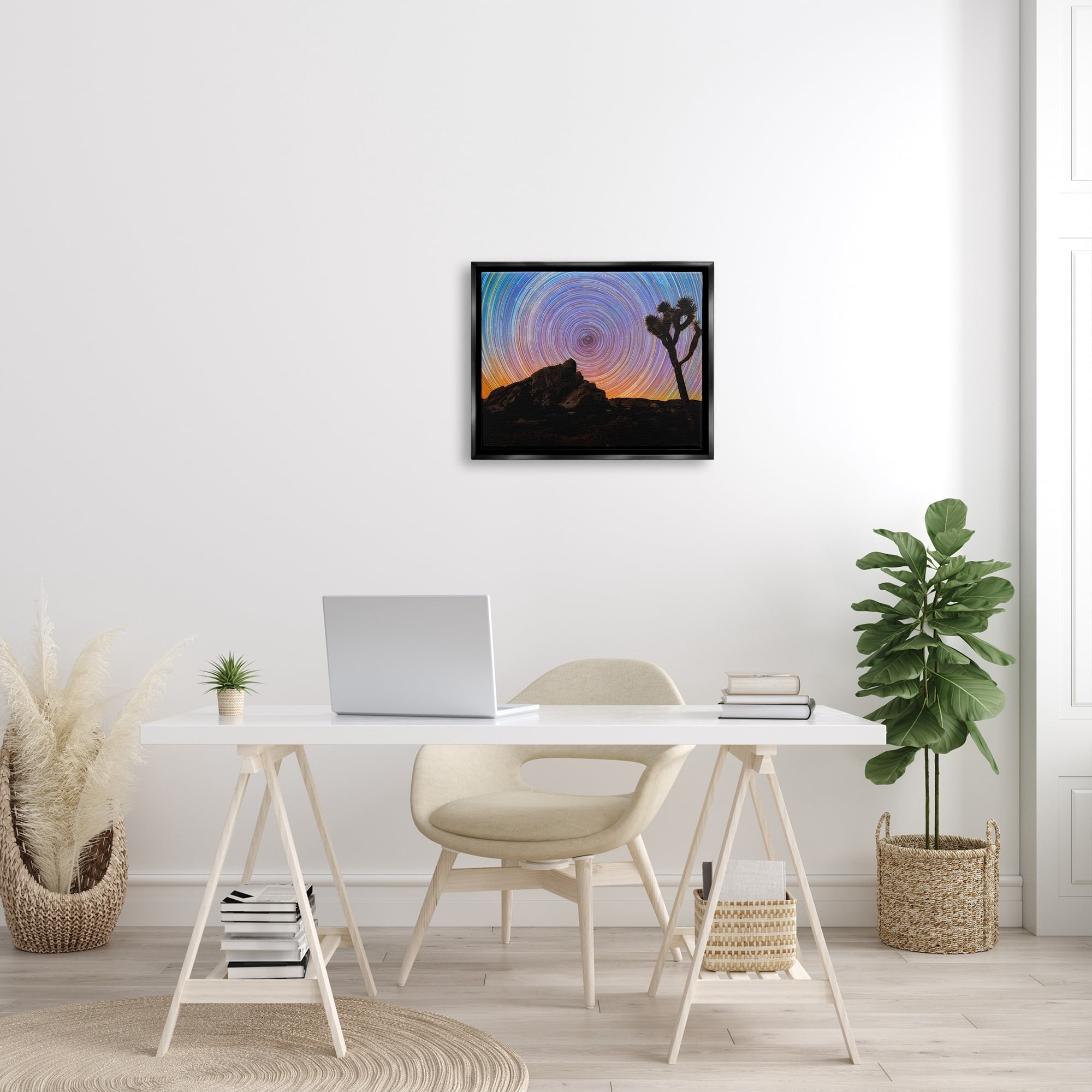 Stupell Industries Kaleidoscopic Swirl Pattern Sky Desert Tree Silhouette Graphic Art Jet Black Floating Framed Canvas Print Wall Art, Design by Lincoln Harrison