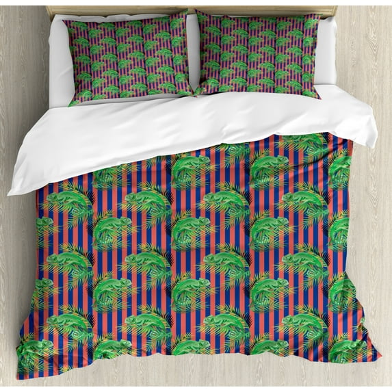Exotic Duvet Cover Set King Size, Repetitive Exotic Setting Chameleons with Palm Leaves on Stripes, Decorative 3 Piece Bedding Set with 2 Pillow Shams, Dark Salmon Green and Blue, by Ambesonne