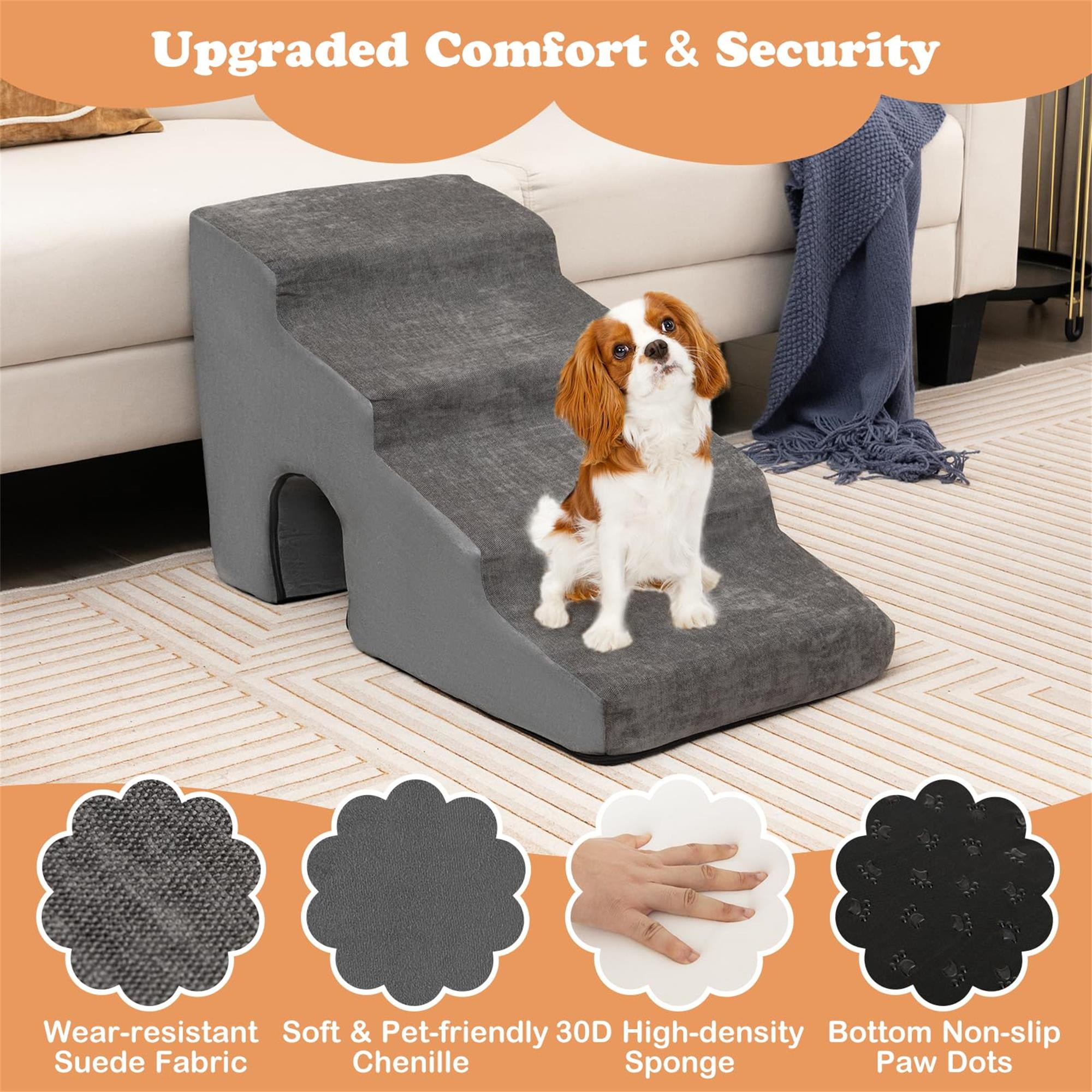Kadyn 27" Dog Stairs for Small Pets with High-Density Sponge and Silicone Paw Prints, 4-Step Dog Ramp for Beds and Couch, Gray
